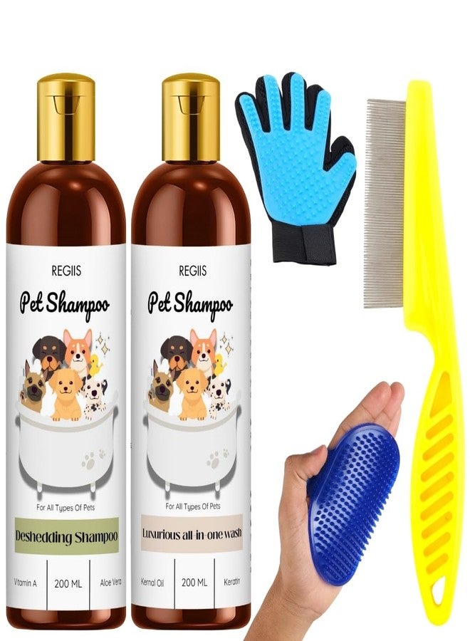 REGIIS Pet Shampoo Set with Grooming Tools, Deshedding and All-in-One Wash, 200 ML, Includes Grooming Glove, Comb, Brush for Dogs(5 Pack) - Image 1